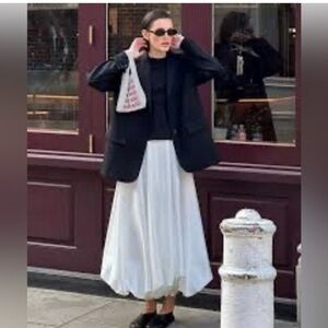 Zara White Midi Balloon-Hem Skirt